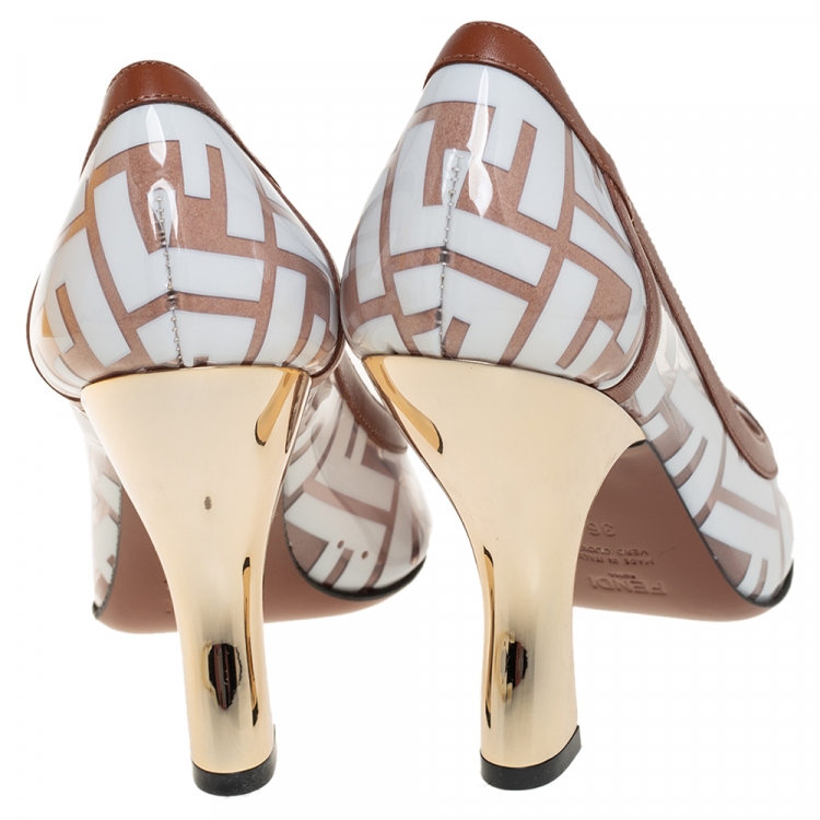 Pre Owned Fendi White/Brown Zucca PVC and Leather Trim Colibri Pointed Toe Pumps Size 36