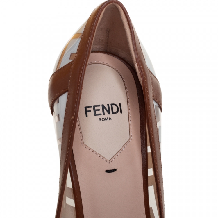 Pre Owned Fendi White/Brown Zucca PVC and Leather Trim Colibri Pointed Toe Pumps Size 36