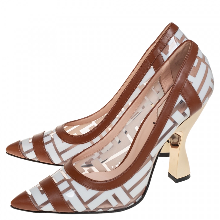 Pre Owned Fendi White/Brown Zucca PVC and Leather Trim Colibri Pointed Toe Pumps Size 36