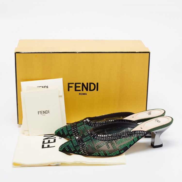 Pre Owned Fendi Green/Black Crystal Embellished Mesh Colibri Mules Size 36