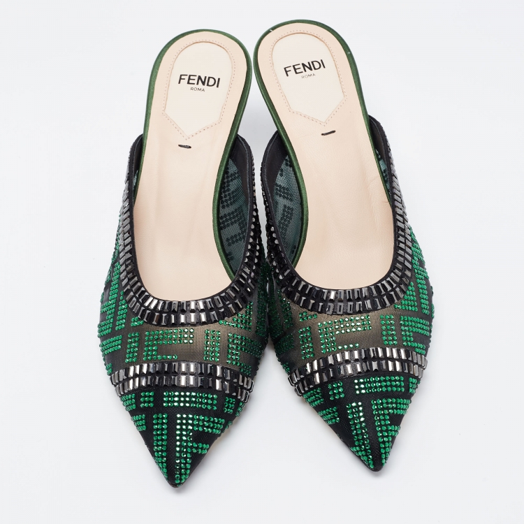 Pre Owned Fendi Green/Black Crystal Embellished Mesh Colibri Mules Size 36