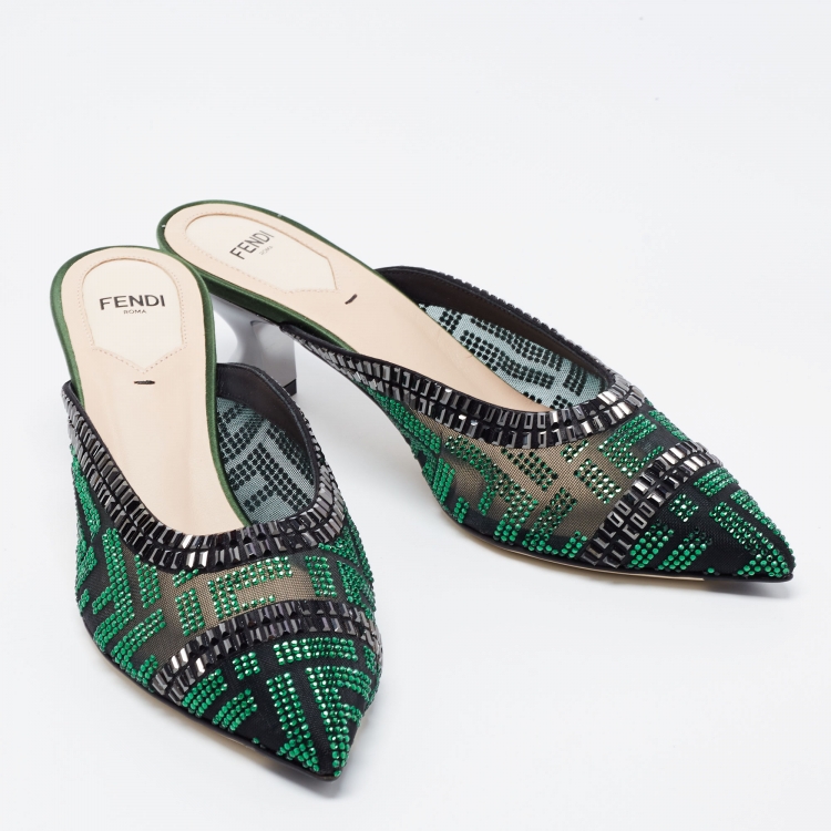 Pre Owned Fendi Green/Black Crystal Embellished Mesh Colibri Mules Size 36
