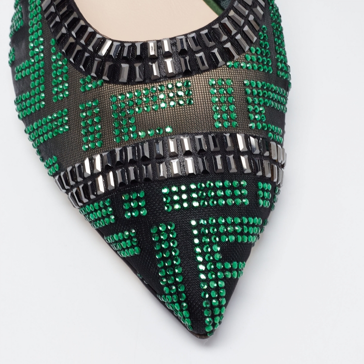 Pre Owned Fendi Green/Black Crystal Embellished Mesh Colibri Mules Size 36