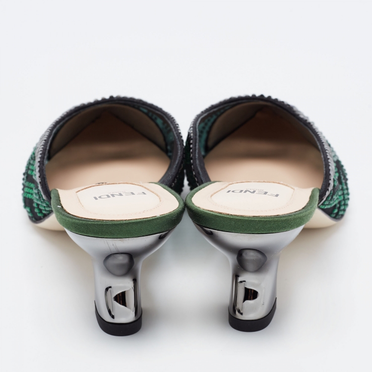 Pre Owned Fendi Green/Black Crystal Embellished Mesh Colibri Mules Size 36