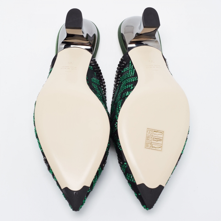 Pre Owned Fendi Green/Black Crystal Embellished Mesh Colibri Mules Size 36