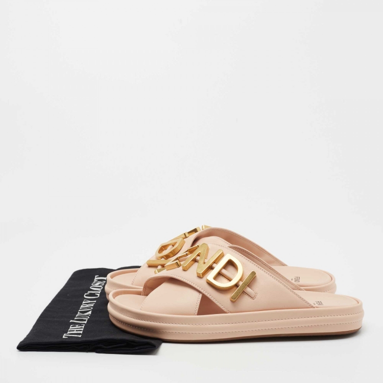 Pre Owned Fendi Pink Leather Fendigraphy Flat Slides Size 38.5