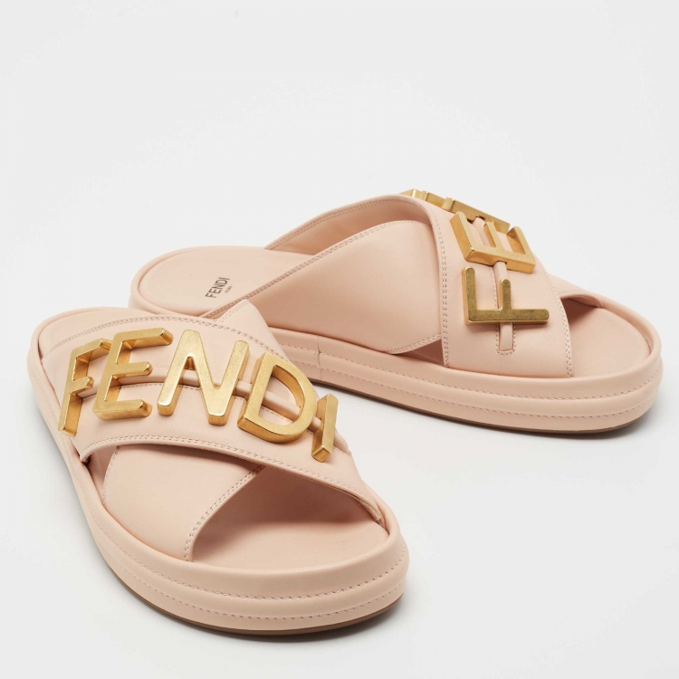 Pre Owned Fendi Pink Leather Fendigraphy Flat Slides Size 38.5