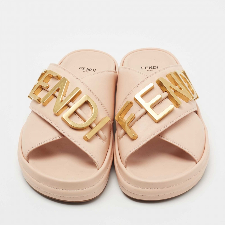 Pre Owned Fendi Pink Leather Fendigraphy Flat Slides Size 38.5
