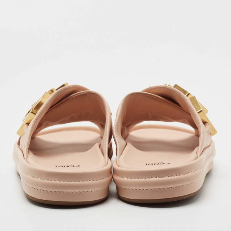 Pre Owned Fendi Pink Leather Fendigraphy Flat Slides Size 38.5
