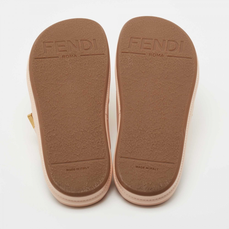 Pre Owned Fendi Pink Leather Fendigraphy Flat Slides Size 38.5