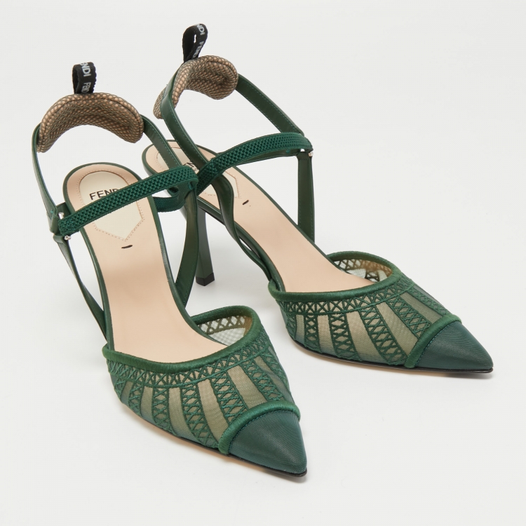 Pre Owned Fendi Green Leather and Mesh Colibri Lite Slingback Pumps Size 39