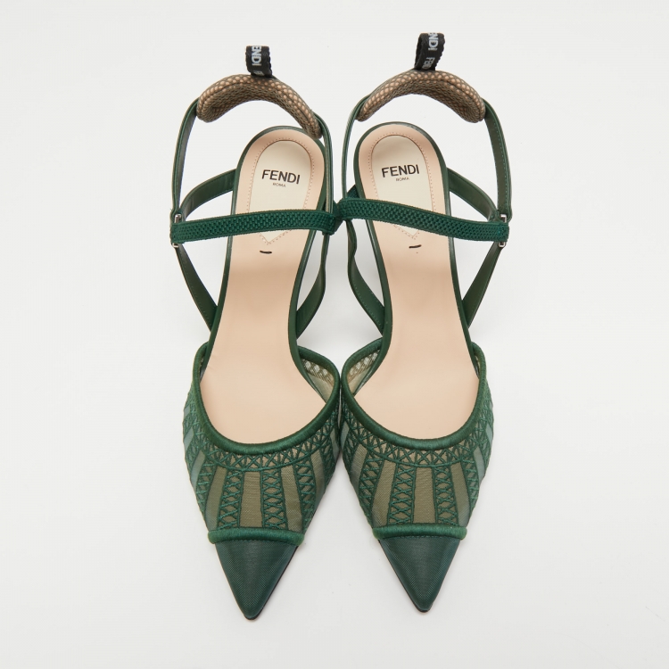 Pre Owned Fendi Green Leather and Mesh Colibri Lite Slingback Pumps Size 39
