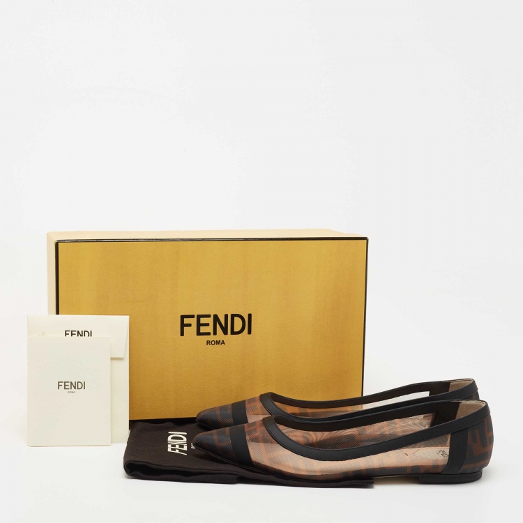 Pre Owned Fendi Brown/Black Zucca Mesh And Leather Colibri Ballet Flats Size 37.5
