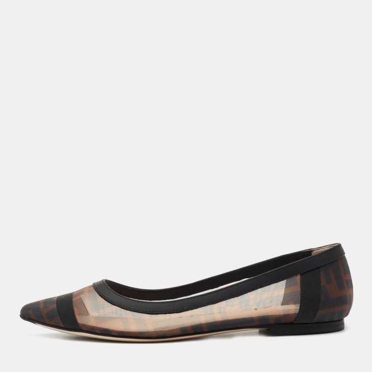 Pre Owned Fendi Brown/Black Zucca Mesh And Leather Colibri Ballet Flats Size 37.5