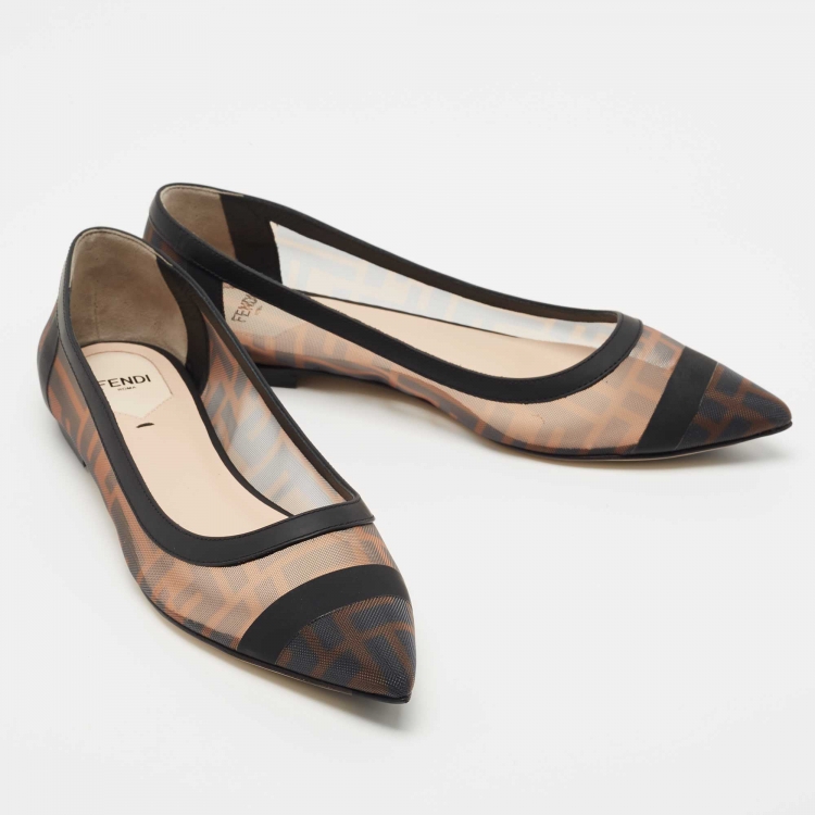 Pre Owned Fendi Brown/Black Zucca Mesh And Leather Colibri Ballet Flats Size 37.5