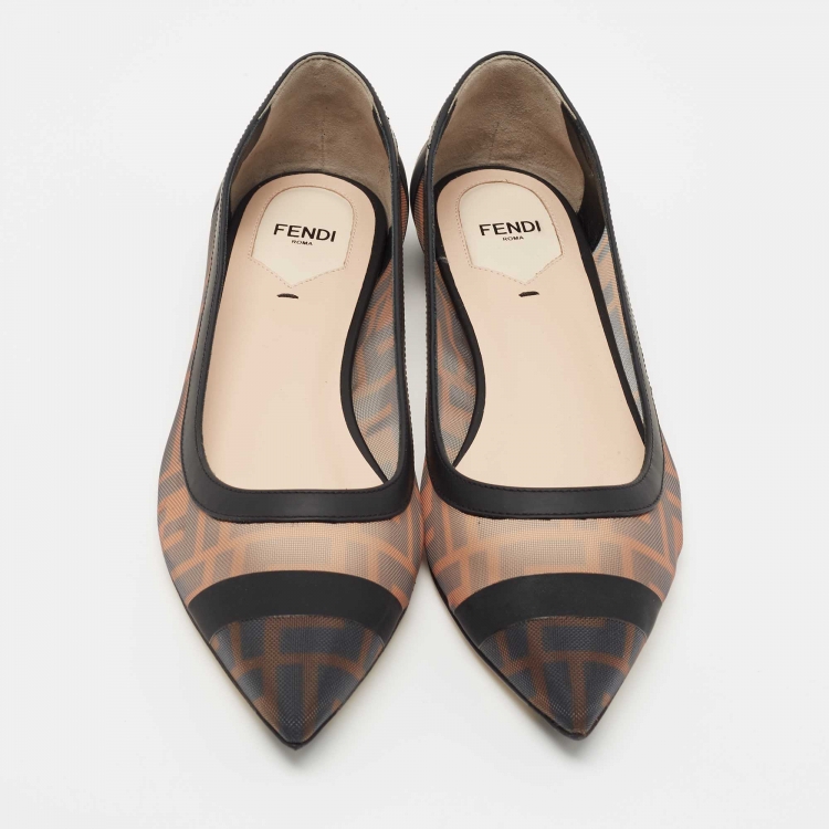 Pre Owned Fendi Brown/Black Zucca Mesh And Leather Colibri Ballet Flats Size 37.5