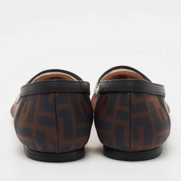 Pre Owned Fendi Brown/Black Zucca Mesh And Leather Colibri Ballet Flats Size 37.5