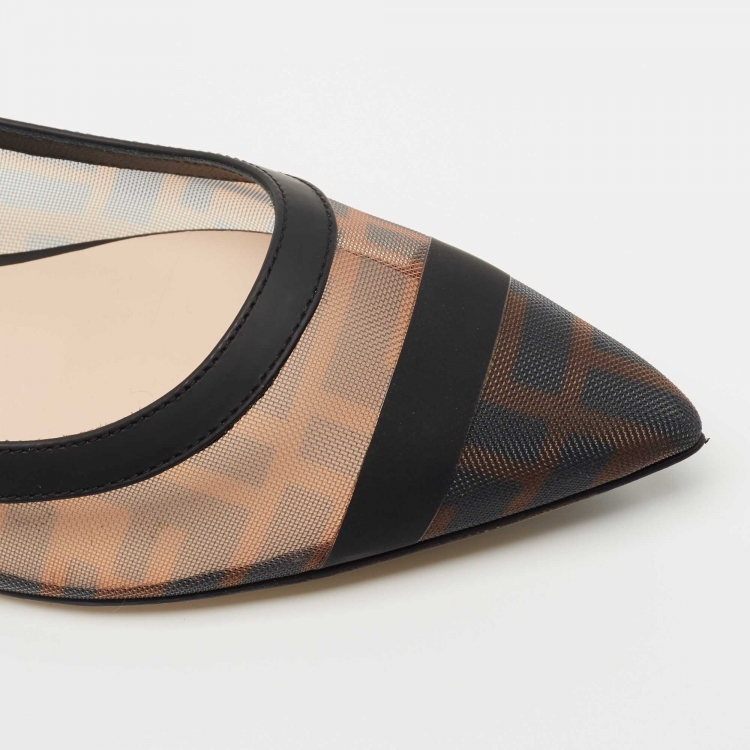 Pre Owned Fendi Brown/Black Zucca Mesh And Leather Colibri Ballet Flats Size 37.5