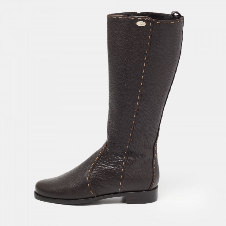 Pre Owned Fendi Brown Leather  Whipstitch Calf Length Boots Size 39.5
