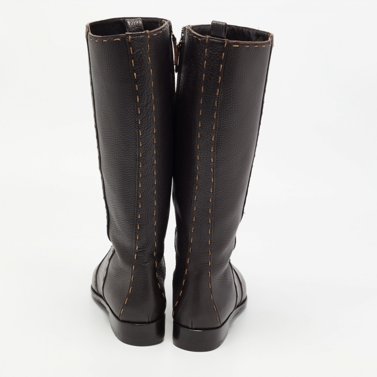 Pre Owned Fendi Brown Leather  Whipstitch Calf Length Boots Size 39.5