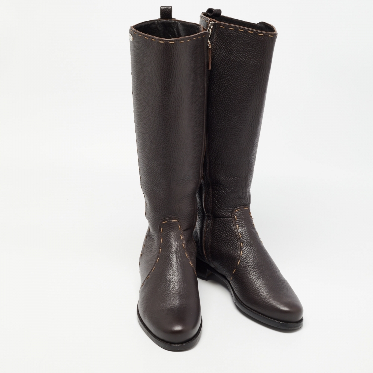 Pre Owned Fendi Brown Leather  Whipstitch Calf Length Boots Size 39.5