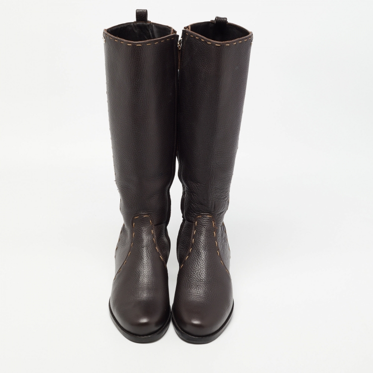 Pre Owned Fendi Brown Leather  Whipstitch Calf Length Boots Size 39.5