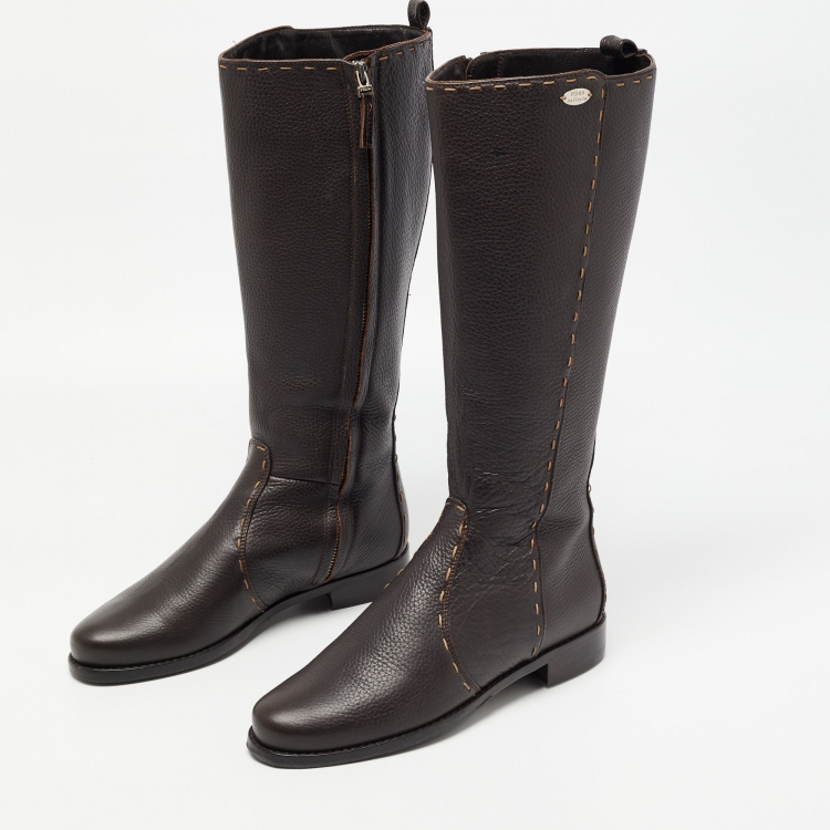 Pre Owned Fendi Brown Leather  Whipstitch Calf Length Boots Size 39.5