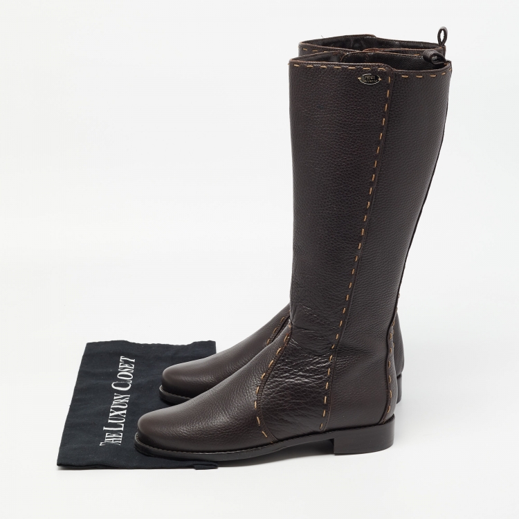Pre Owned Fendi Brown Leather  Whipstitch Calf Length Boots Size 39.5