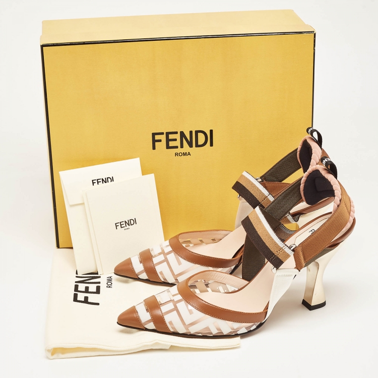 مملوكة مسبقًا Fendi Brown/White PVC and Leather Colibri Slingback Pumps Size 40