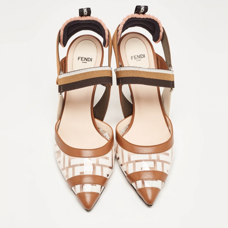 مملوكة مسبقًا Fendi Brown/White PVC and Leather Colibri Slingback Pumps Size 40