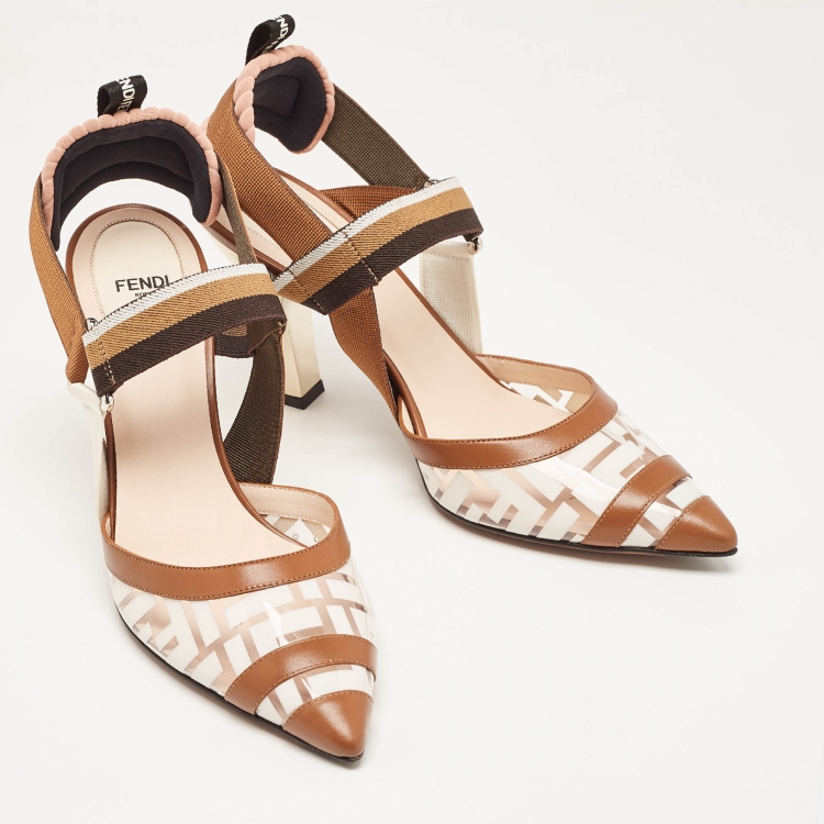 مملوكة مسبقًا Fendi Brown/White PVC and Leather Colibri Slingback Pumps Size 40