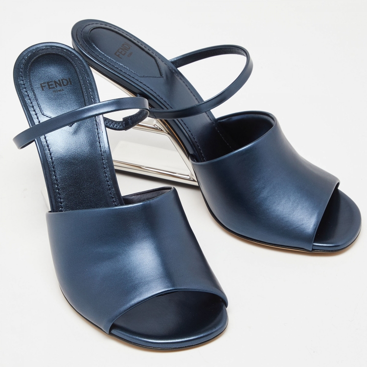 Pre Owned Fendi Blue Leather Fendi First Slide Sandals Size 40