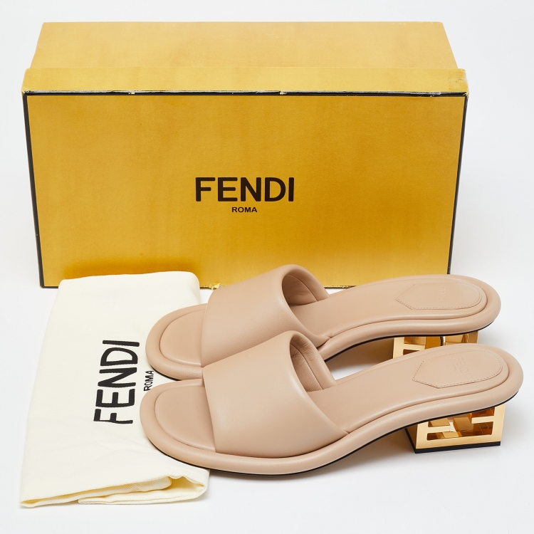 Pre Owned Fendi Beige Leather FF Slide Sandals Size 40