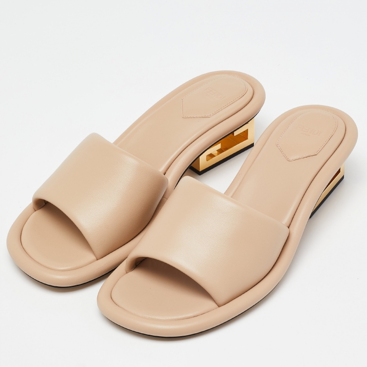 Pre Owned Fendi Beige Leather FF Slide Sandals Size 40