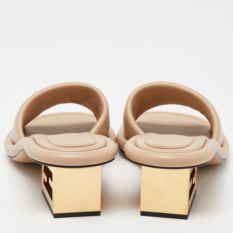 Pre Owned Fendi Beige Leather FF Slide Sandals Size 40