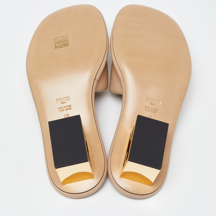 Pre Owned Fendi Beige Leather FF Slide Sandals Size 40