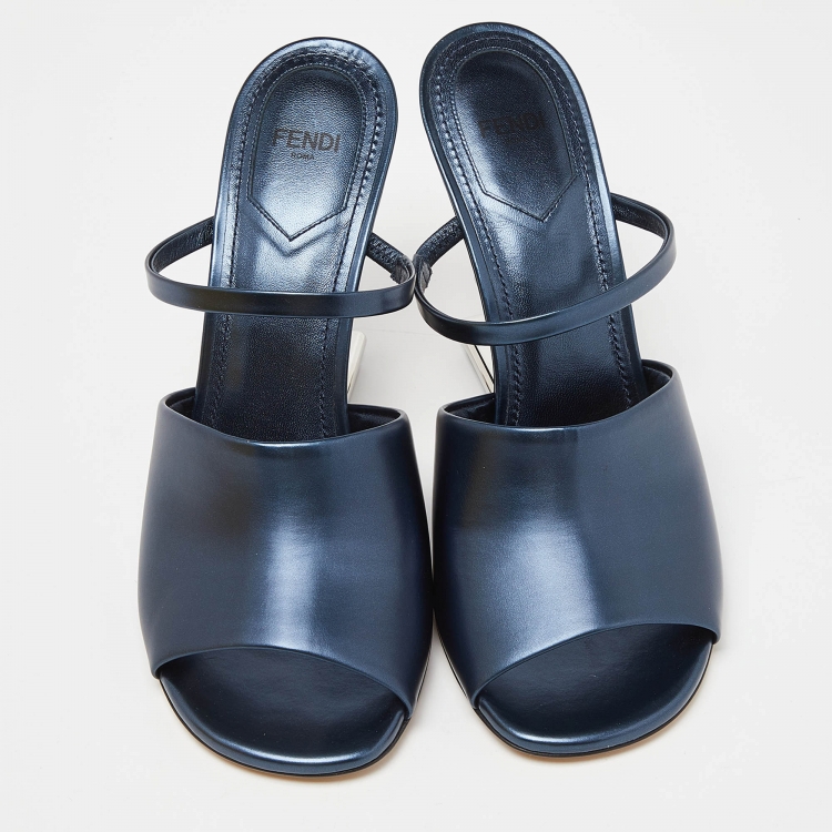 Pre Owned Fendi Metallic Blue Leather Fendi First Slide Sandals Size 39