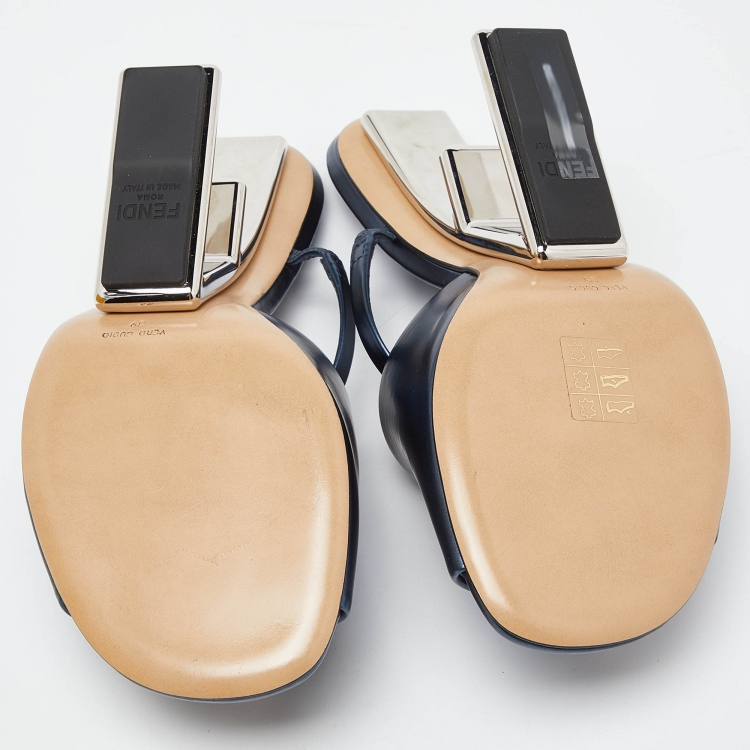Pre Owned Fendi Metallic Blue Leather Fendi First Slide Sandals Size 39