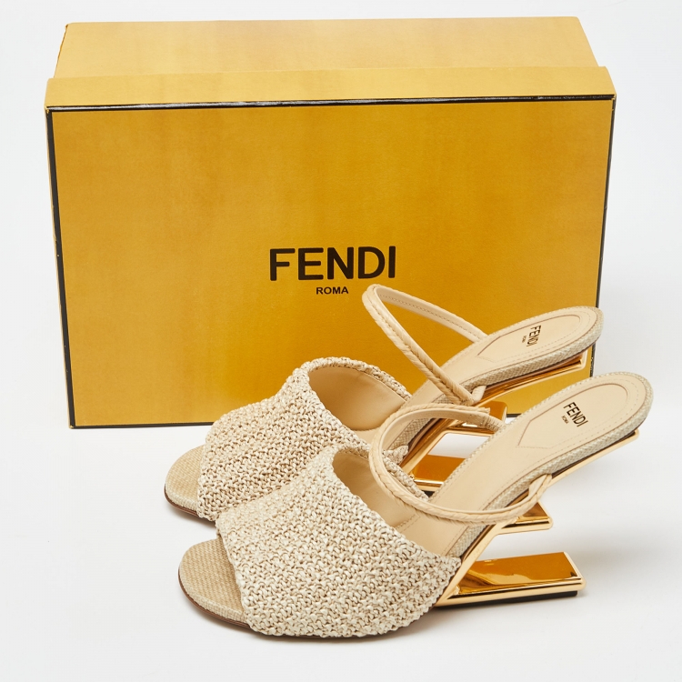 Pre Owned Fendi Beige Raffia First Heel Mules Size 41