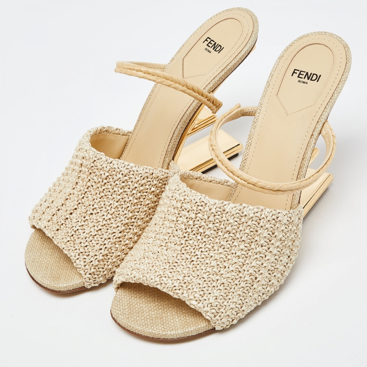 Pre Owned Fendi Beige Raffia First Heel Mules Size 41