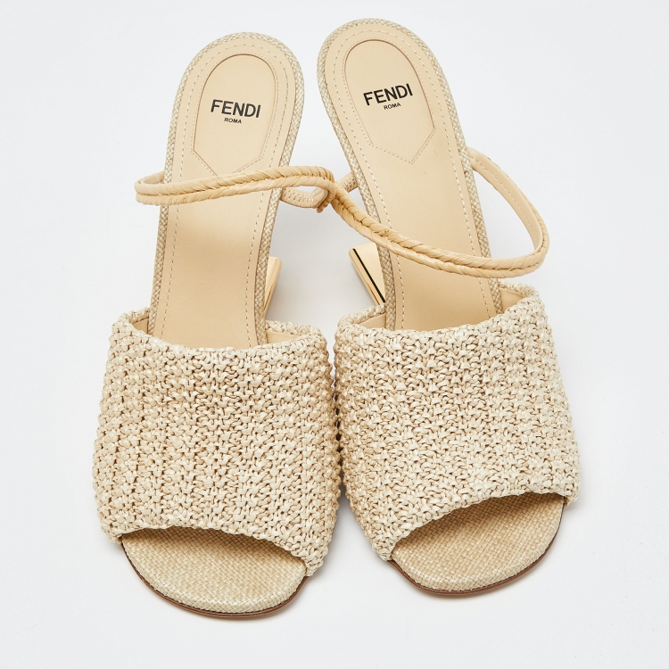 Pre Owned Fendi Beige Raffia First Heel Mules Size 41