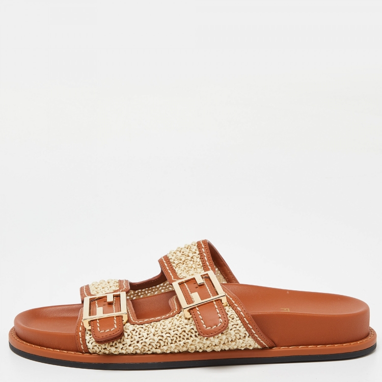 Pre Owned Fendi Beige/Brown Woven Raffia and Leather FF Buckle Slides Size 37