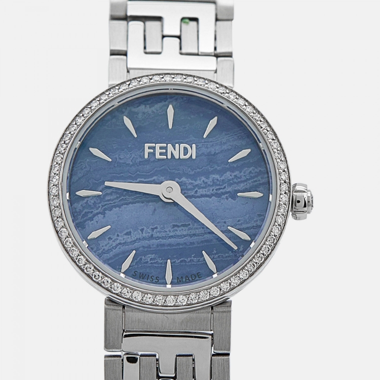 Pre Owned Fendi Blue Stainless Steel Diamond Forever Fendi F103111101 Women's Wristwatch 19 mm