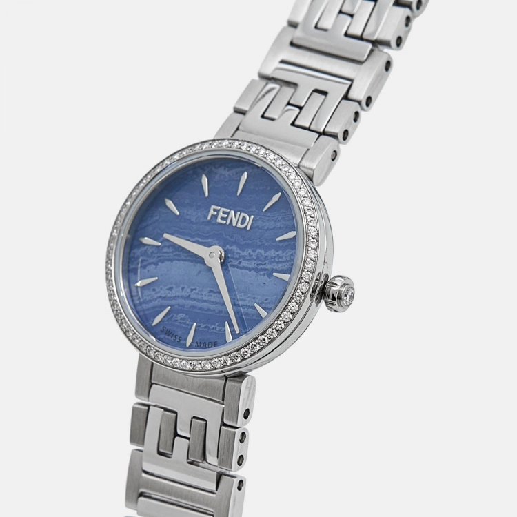 Pre Owned Fendi Blue Stainless Steel Diamond Forever Fendi F103111101 Women's Wristwatch 19 mm