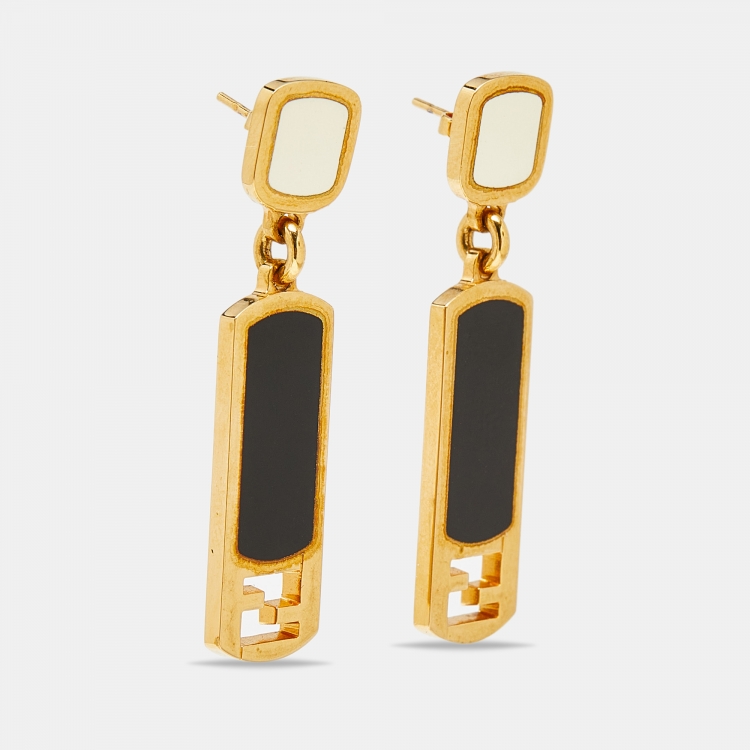 Pre Owned Fendi FF Gold Tone Enamel Drop Earrings