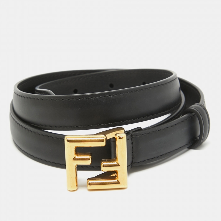 Pre Owned Fendi Black Leather Skinny FF Buckle Belt 80CM