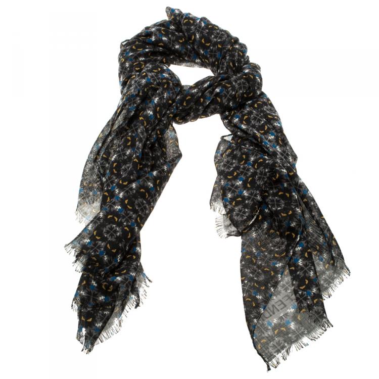Pre Owned Fendi Multicolor Monster Eye Print Raw Edge Detail Scarf