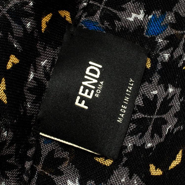 Pre Owned Fendi Multicolor Monster Eye Print Raw Edge Detail Scarf
