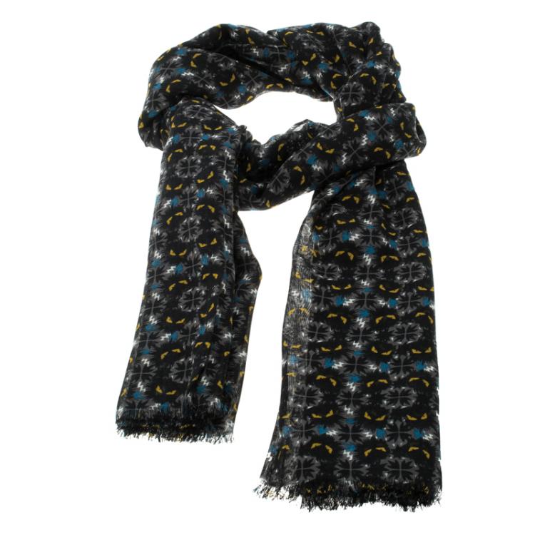 Pre Owned Fendi Multicolor Monster Eye Print Raw Edge Detail Scarf