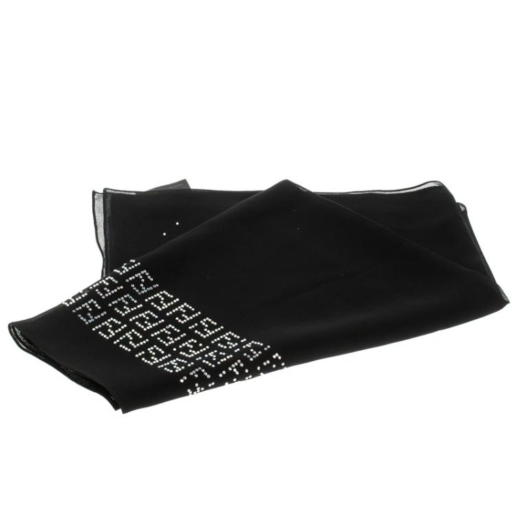 Pre Owned Fendi Black Silk Rhinestone Zucca Border Detail Scarf